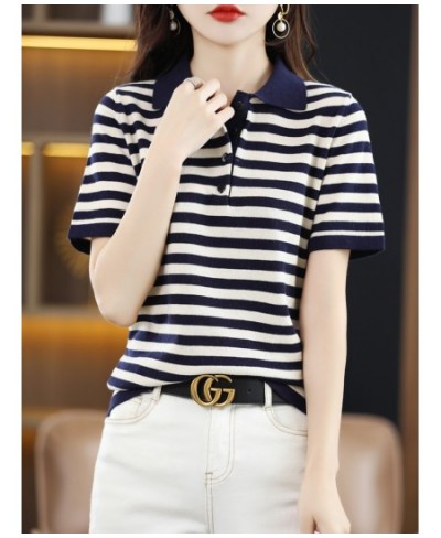 Women's Summer New Pure Cotton Polo Neck Casual Short Sleeve Top Lapel Loose Striped Contrast Soft Fashion Half-sleeve T-shir...