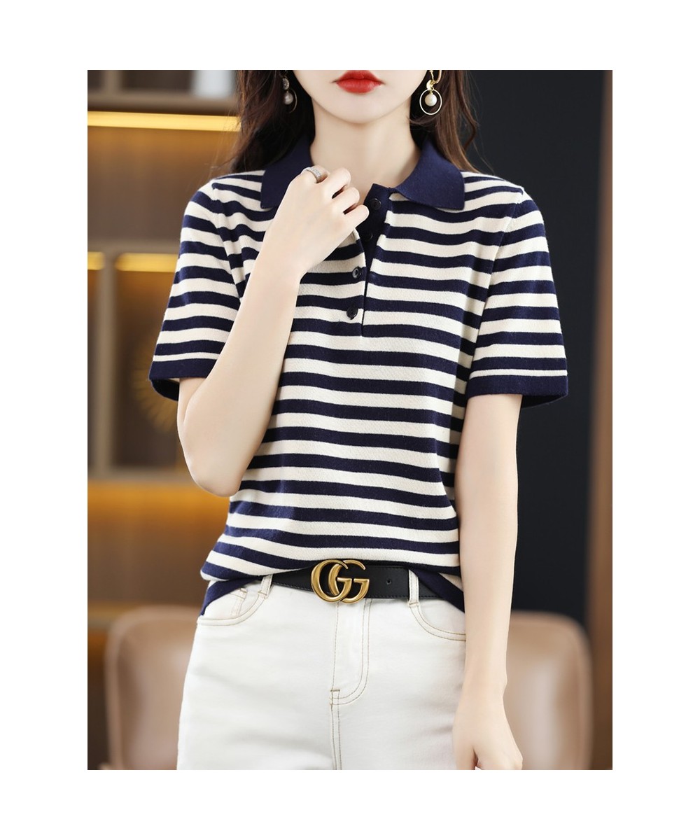 Women's Summer New Pure Cotton Polo Neck Casual Short Sleeve Top Lapel Loose Striped Contrast Soft Fashion Half-sleeve T-shir...