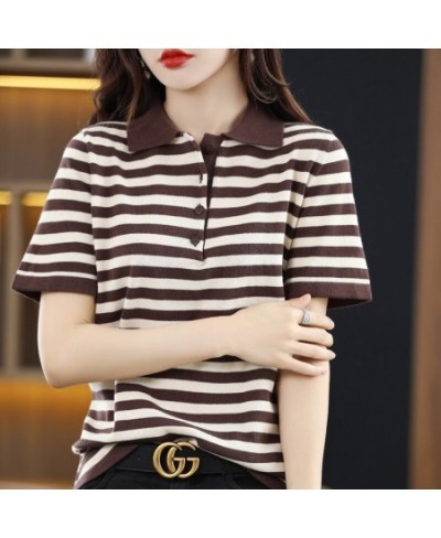 Women's Summer New Pure Cotton Polo Neck Casual Short Sleeve Top Lapel Loose Striped Contrast Soft Fashion Half-sleeve T-shir...