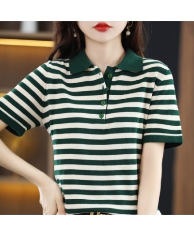 Women's Summer New Pure Cotton Polo Neck Casual Short Sleeve Top Lapel Loose Striped Contrast Soft Fashion Half-sleeve T-shir...