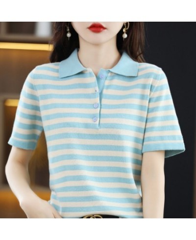 Women's Summer New Pure Cotton Polo Neck Casual Short Sleeve Top Lapel Loose Striped Contrast Soft Fashion Half-sleeve T-shir...