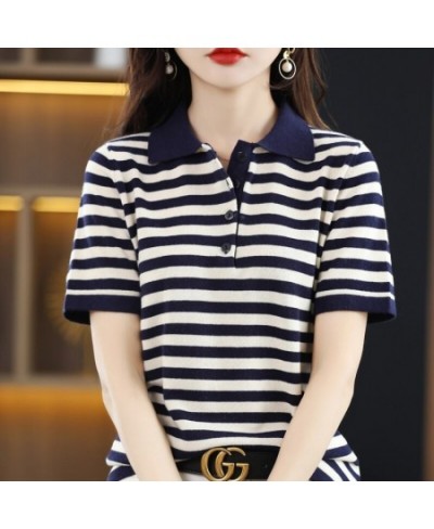 Women's Summer New Pure Cotton Polo Neck Casual Short Sleeve Top Lapel Loose Striped Contrast Soft Fashion Half-sleeve T-shir...