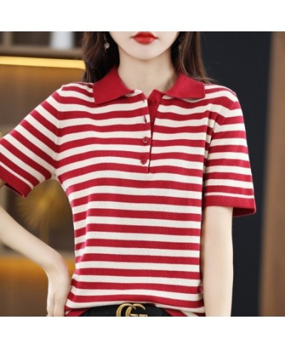 Women's Summer New Pure Cotton Polo Neck Casual Short Sleeve Top Lapel Loose Striped Contrast Soft Fashion Half-sleeve T-shir...