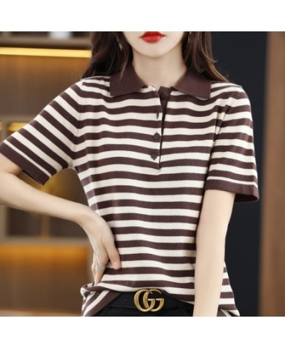 Women's Summer New Pure Cotton Polo Neck Casual Short Sleeve Top Lapel Loose Striped Contrast Soft Fashion Half-sleeve T-shir...