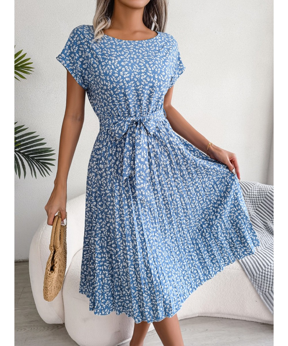 Elegant Women Pleated Dresses Summer Casual Floral Print Short Sleeve Midi Dresses High Waist Lace Up Loose Beach Dress $29.6...