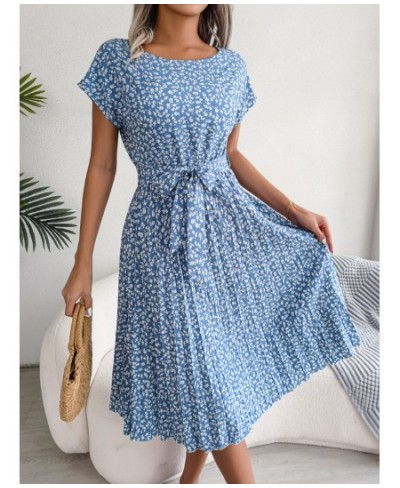 Elegant Women Pleated Dresses Summer Casual Floral Print Short Sleeve Midi Dresses High Waist Lace Up Loose Beach Dress $29.6...