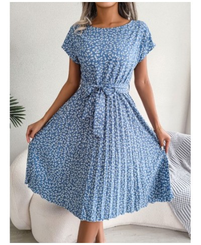 Elegant Women Pleated Dresses Summer Casual Floral Print Short Sleeve Midi Dresses High Waist Lace Up Loose Beach Dress $29.6...