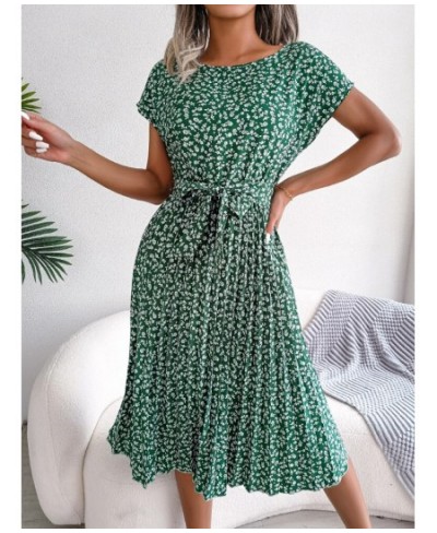 Elegant Women Pleated Dresses Summer Casual Floral Print Short Sleeve Midi Dresses High Waist Lace Up Loose Beach Dress $29.6...