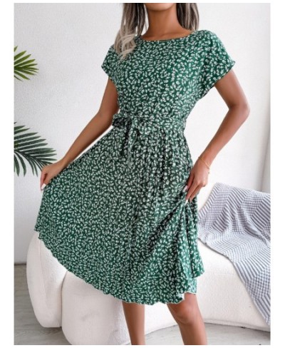 Elegant Women Pleated Dresses Summer Casual Floral Print Short Sleeve Midi Dresses High Waist Lace Up Loose Beach Dress $29.6...