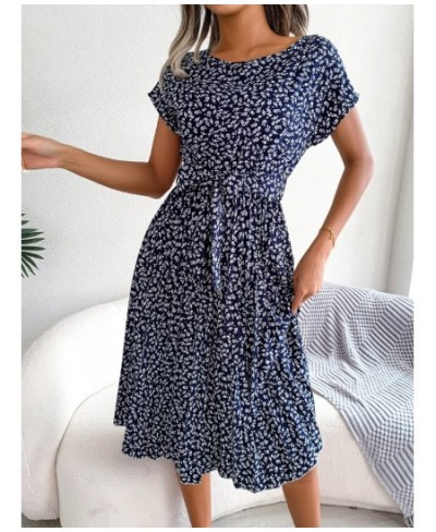 Elegant Women Pleated Dresses Summer Casual Floral Print Short Sleeve Midi Dresses High Waist Lace Up Loose Beach Dress $29.6...