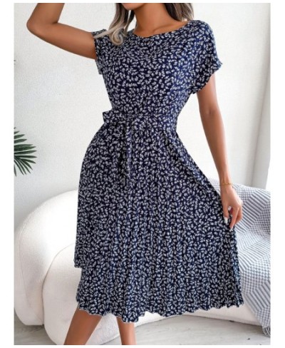 Elegant Women Pleated Dresses Summer Casual Floral Print Short Sleeve Midi Dresses High Waist Lace Up Loose Beach Dress $29.6...