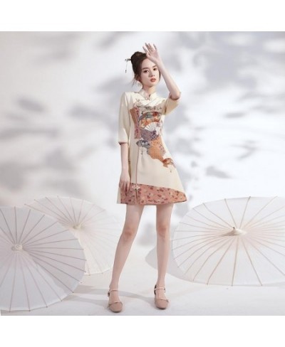 Women Dresses Vintage Printed Stand Collar Chinese Style Spring Reformed Designs Mini Dress Retro Qipao Female Vestido $34.70...