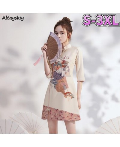 Women Dresses Vintage Printed Stand Collar Chinese Style Spring Reformed Designs Mini Dress Retro Qipao Female Vestido $34.70...