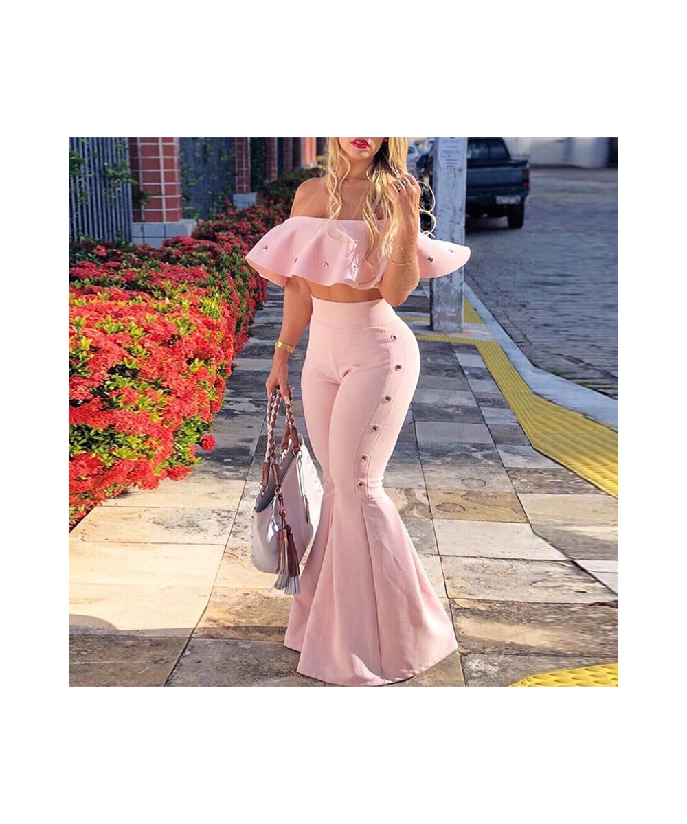 Women Two Piece Outfits Off Shoulder Ruffle Crop Tops and Flare Pants 2 Piece Set Summer Club Party Festival Set $47.27 - Sui...