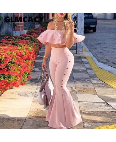 Women Two Piece Outfits Off Shoulder Ruffle Crop Tops and Flare Pants 2 Piece Set Summer Club Party Festival Set $47.27 - Sui...