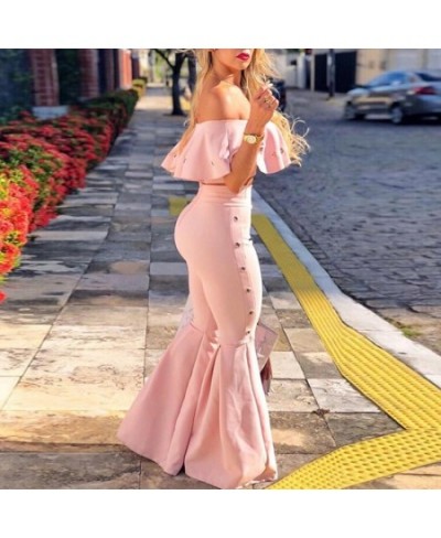 Women Two Piece Outfits Off Shoulder Ruffle Crop Tops and Flare Pants 2 Piece Set Summer Club Party Festival Set $47.27 - Sui...