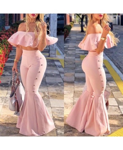 Women Two Piece Outfits Off Shoulder Ruffle Crop Tops and Flare Pants 2 Piece Set Summer Club Party Festival Set $47.27 - Sui...