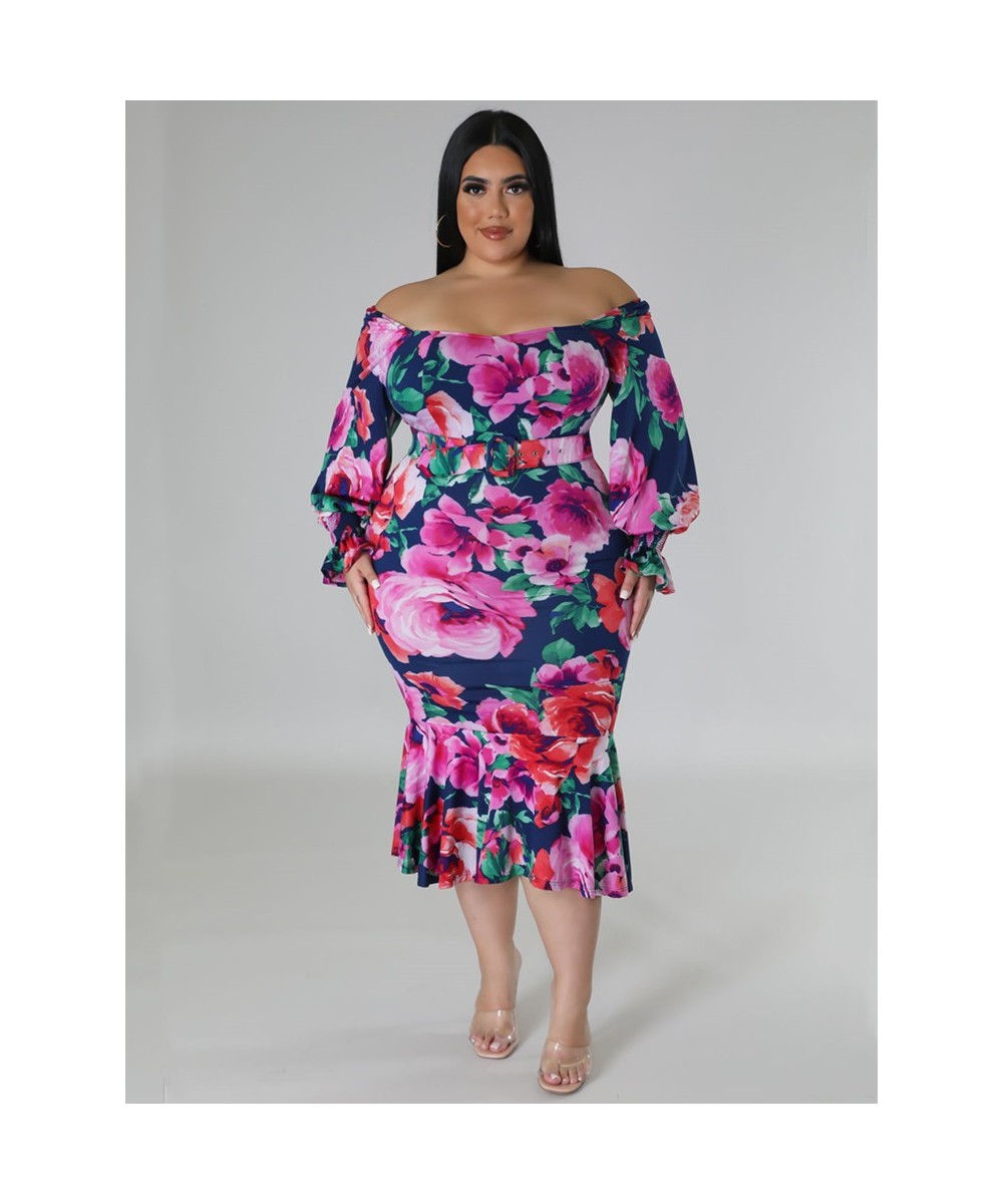 Plus Size Dresses for Women Summer Holiday Clothing Floral Print Off Shoulder Maxi Dress Wholesale with Belt $44.98 - Plus Si...