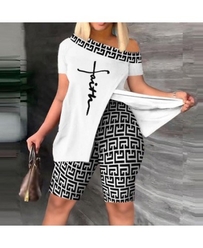 2023 Summer New T-shirt Top Shorts 2-piece Set Oblique Shoulder Slit Print Strapless Short-sleeved Shorts Set $37.62 - Suits ...