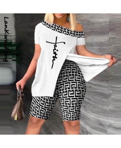 2023 Summer New T-shirt Top Shorts 2-piece Set Oblique Shoulder Slit Print Strapless Short-sleeved Shorts Set $37.62 - Suits ...