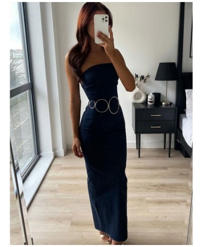 2023 Women Denim Strapless Backless Bodycon Back Zipper Slit Dresses Summer Female Off Shoulder Sleeveless Denims Long Dress ...