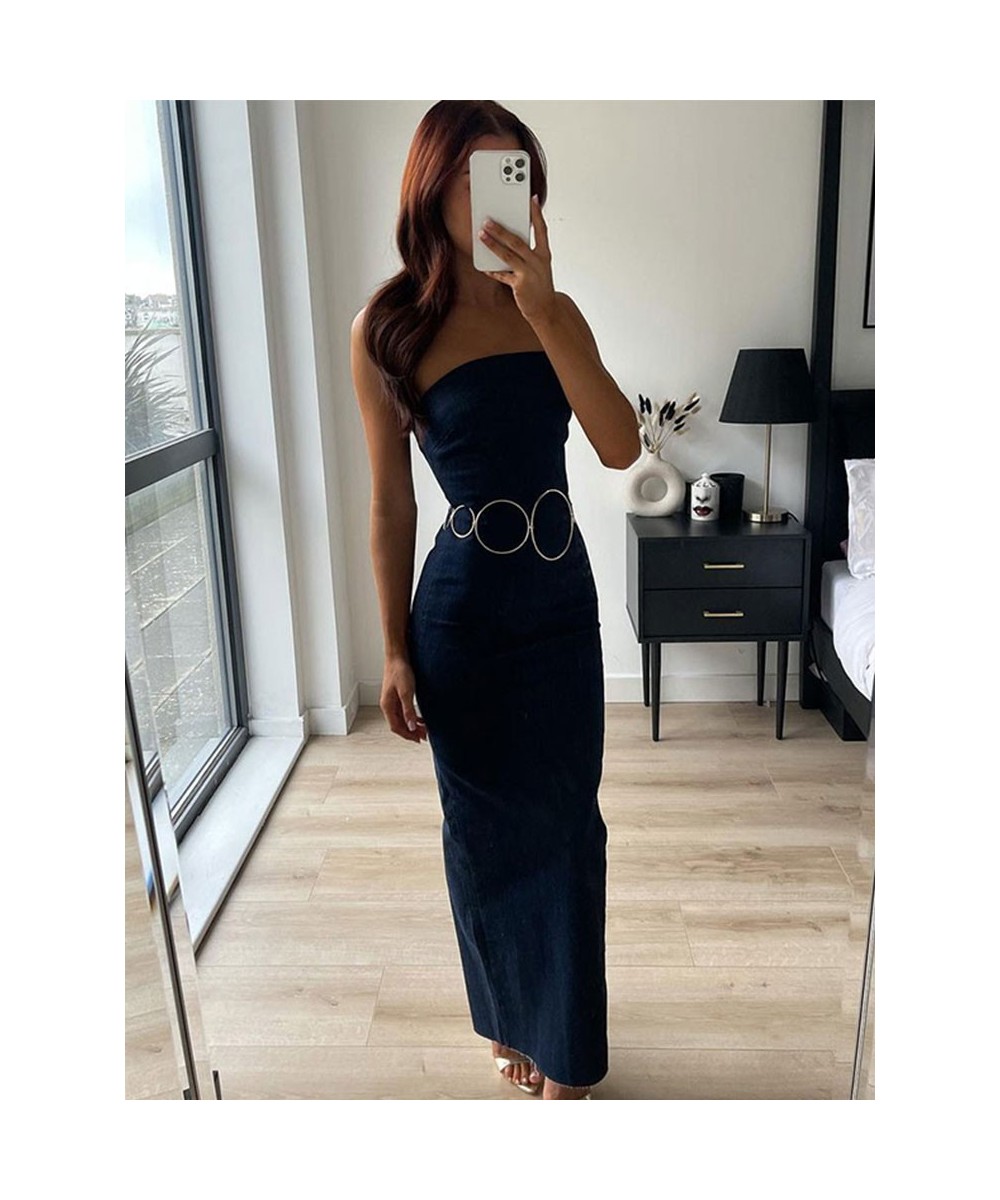 2023 Women Denim Strapless Backless Bodycon Back Zipper Slit Dresses Summer Female Off Shoulder Sleeveless Denims Long Dress ...