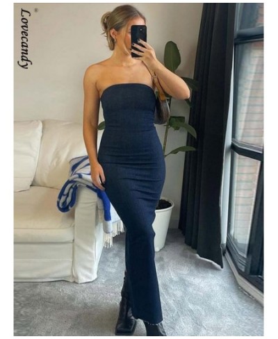 2023 Women Denim Strapless Backless Bodycon Back Zipper Slit Dresses Summer Female Off Shoulder Sleeveless Denims Long Dress ...