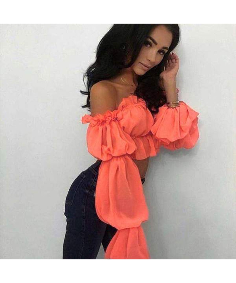 2023 Fashion Womens Chiffon Long Puff Sleeve Off Shoulder Crop Tops Blouses Loose Casual Blouse Lady Sexy Corp Top Women Shir...