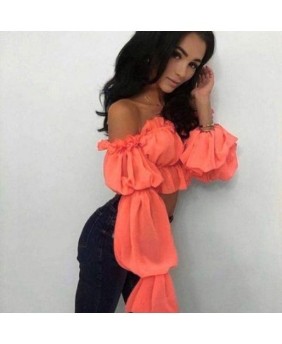 2023 Fashion Womens Chiffon Long Puff Sleeve Off Shoulder Crop Tops Blouses Loose Casual Blouse Lady Sexy Corp Top Women Shir...