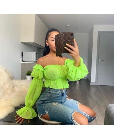 2023 Fashion Womens Chiffon Long Puff Sleeve Off Shoulder Crop Tops Blouses Loose Casual Blouse Lady Sexy Corp Top Women Shir...