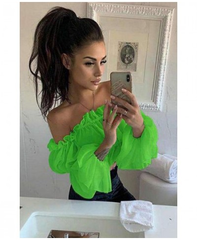 2023 Fashion Womens Chiffon Long Puff Sleeve Off Shoulder Crop Tops Blouses Loose Casual Blouse Lady Sexy Corp Top Women Shir...