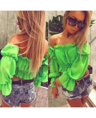 2023 Fashion Womens Chiffon Long Puff Sleeve Off Shoulder Crop Tops Blouses Loose Casual Blouse Lady Sexy Corp Top Women Shir...