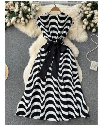 Vintage Black White Stripe Midi Dress Women's Cross V-Neck Flying Sleeve High Waist Lace Up Belt Office Work Vestidos N8294 $...