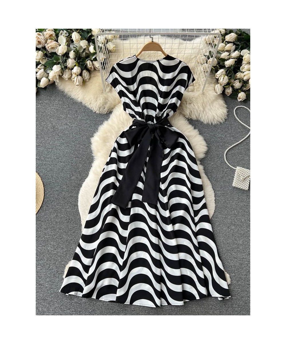 Vintage Black White Stripe Midi Dress Women's Cross V-Neck Flying Sleeve High Waist Lace Up Belt Office Work Vestidos N8294 $...