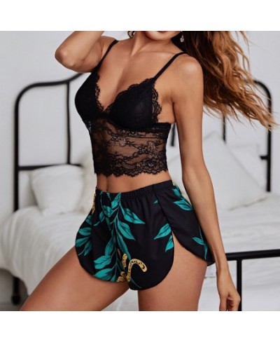 2 PCS Summer Women's Pyjamas Lace Sleepwear Set Sexy Camisole Open Side Shorts Print Loungewear Vacation Clothing $20.66 - Sl...