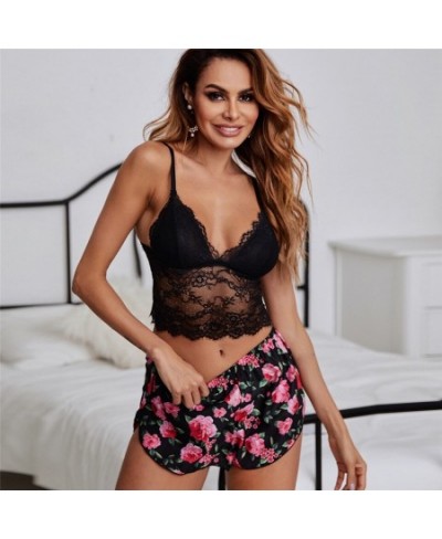 2 PCS Summer Women's Pyjamas Lace Sleepwear Set Sexy Camisole Open Side Shorts Print Loungewear Vacation Clothing $20.66 - Sl...