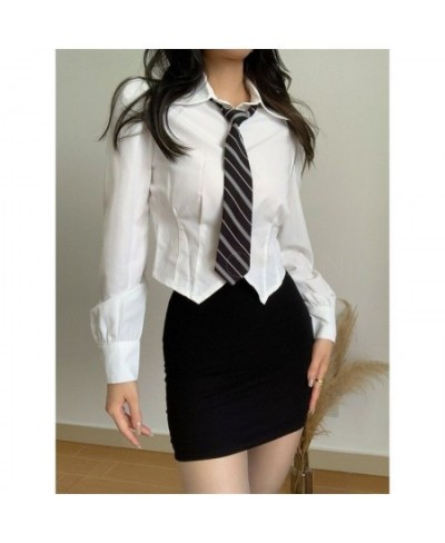 Deeptown White Women Blouses Korean Style Sexy Preppy Long Sleeve Shirts with Tie Tunics Female Fashion JK Slim Tops All-matc...