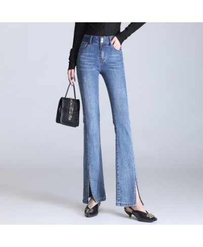 Korean Style Flared Jeans Women Spring Autumn Loose Bell Bottomed Jeans for Women High Waist Front Split Denim Pants $57.72 -...