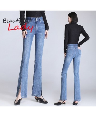 Korean Style Flared Jeans Women Spring Autumn Loose Bell Bottomed Jeans for Women High Waist Front Split Denim Pants $57.72 -...