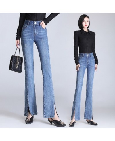 Korean Style Flared Jeans Women Spring Autumn Loose Bell Bottomed Jeans for Women High Waist Front Split Denim Pants $57.72 -...