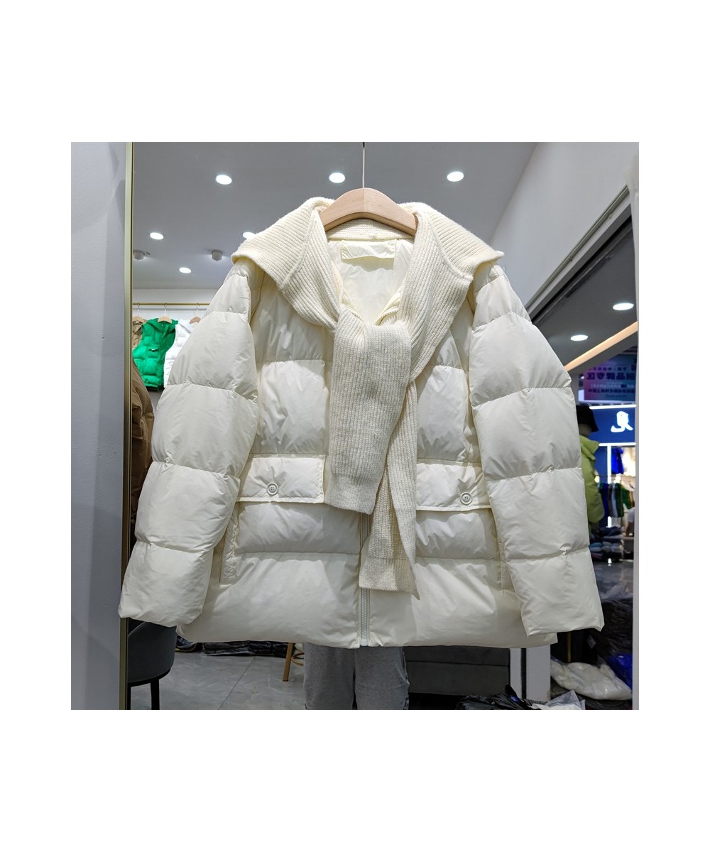 Winter Hooded Splicing Feather Jacket Women 90% White Duck Down Coat Knitting Scarf hooded Short Parker Loose Warm Outwear $9...