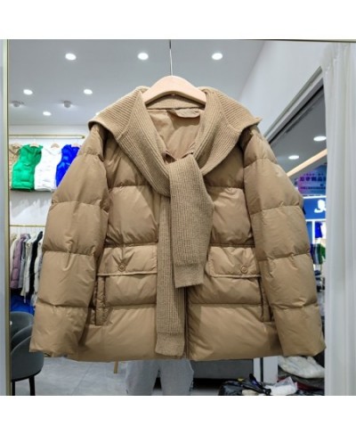 Winter Hooded Splicing Feather Jacket Women 90% White Duck Down Coat Knitting Scarf hooded Short Parker Loose Warm Outwear $9...