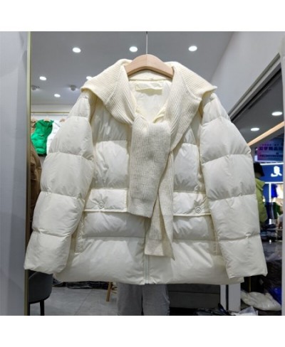 Winter Hooded Splicing Feather Jacket Women 90% White Duck Down Coat Knitting Scarf hooded Short Parker Loose Warm Outwear $9...