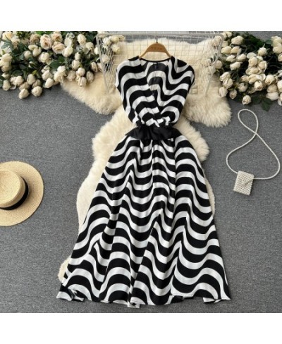 Vintage Black White Stripe Midi Dress Women's Cross V-Neck Flying Sleeve High Waist Lace Up Belt Office Work Vestidos N8294 $...