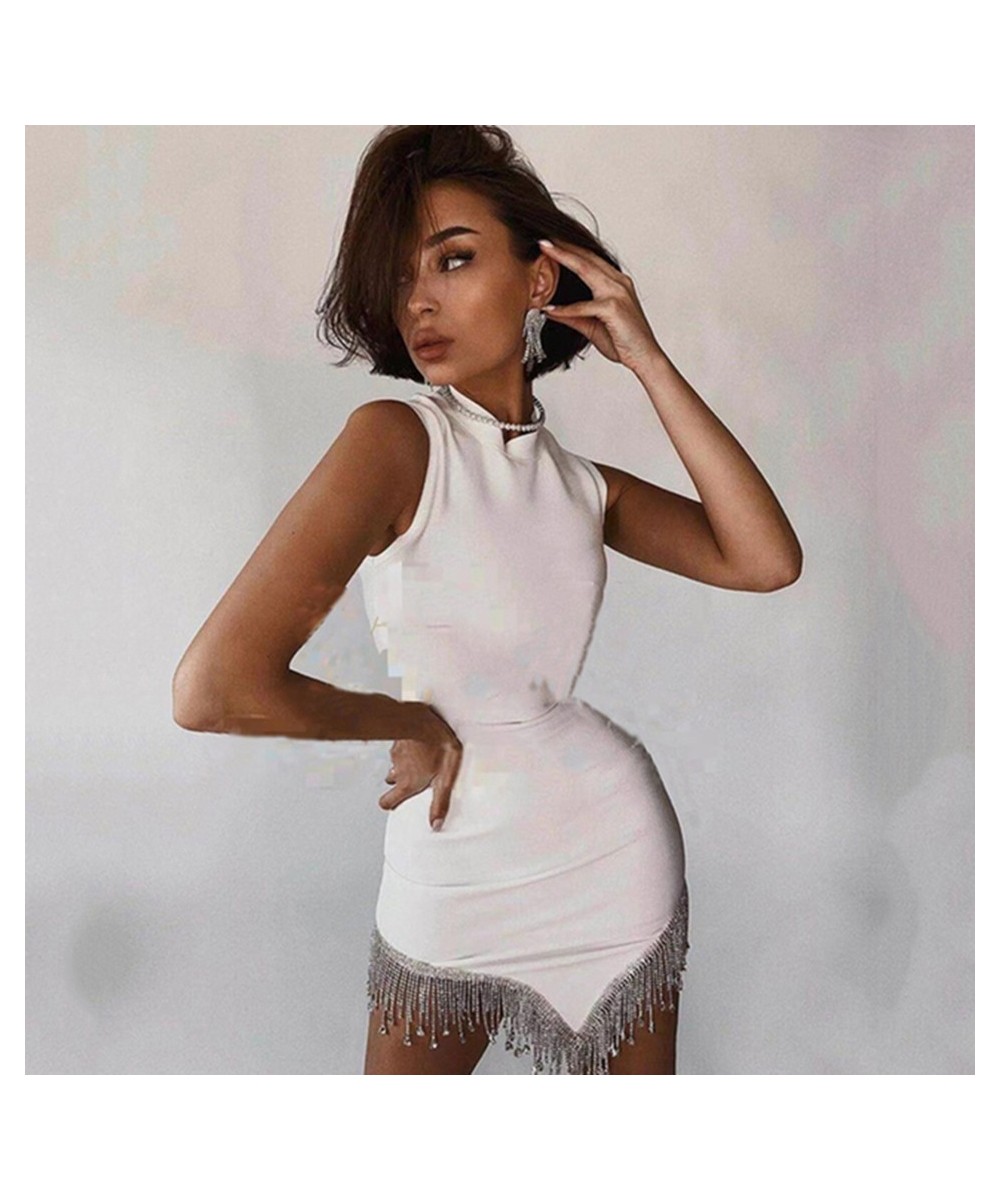 High Quality 2022 Summer Sexy Sleeveless O-Neck Tassel Diamond Bandage Dress White Women'S Bodycon Club Party Dress Vestidos ...