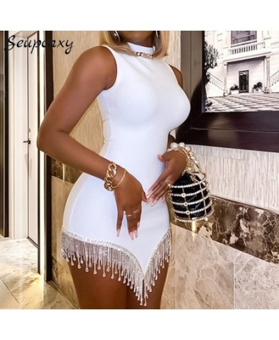 High Quality 2022 Summer Sexy Sleeveless O-Neck Tassel Diamond Bandage Dress White Women'S Bodycon Club Party Dress Vestidos ...