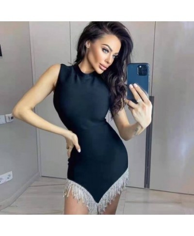 High Quality 2022 Summer Sexy Sleeveless O-Neck Tassel Diamond Bandage Dress White Women'S Bodycon Club Party Dress Vestidos ...