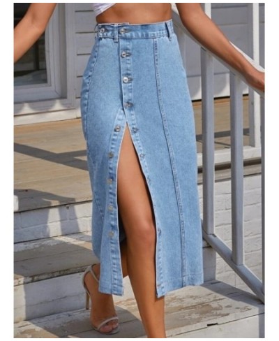 Button Front Longline Denim Skirt Retro Long Summer Denim Skirts Girls High Waist Split Jeans Straight Maxi Denim Skirts $50....