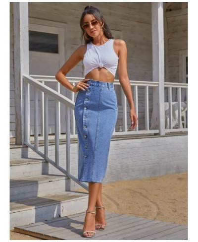 Button Front Longline Denim Skirt Retro Long Summer Denim Skirts Girls High Waist Split Jeans Straight Maxi Denim Skirts $50....