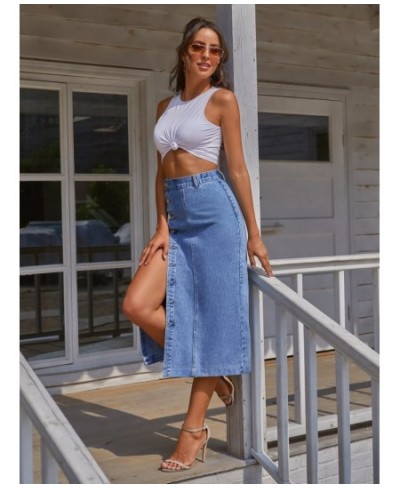 Button Front Longline Denim Skirt Retro Long Summer Denim Skirts Girls High Waist Split Jeans Straight Maxi Denim Skirts $50....